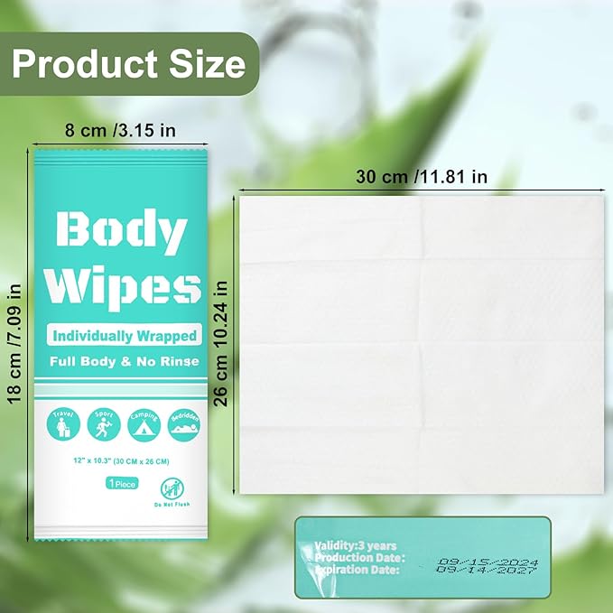 Individually Wrapped Body Wipes Bulk Bath Wipe, Women Men Large Adult Disposable Body Shower Wipes No Rinse-Free Bathing Cloths Wipe for Outdoors After Gym Camping Travel (50, Blue, 12 x 10.3 in)