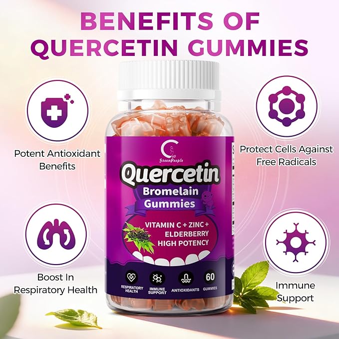Quercetin Gummies, Quercetin with Bromelain, Vitamin C, Zinc & Elderberry, High Potency Immune Support, Respiratory Health & Antioxidant Supplement for Adult & Kid, Vegan, 60 Gummies (2 Pack)