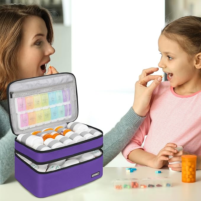 LEFOR·Z Medicine Storage Bag,Double Layers Pill Bottle Organizer Bag Empty with Lockable Zipper&Adjustable Divider,Medication Travel Carrying Bag for Pills,Vitamins,Medical Supplies,Purple