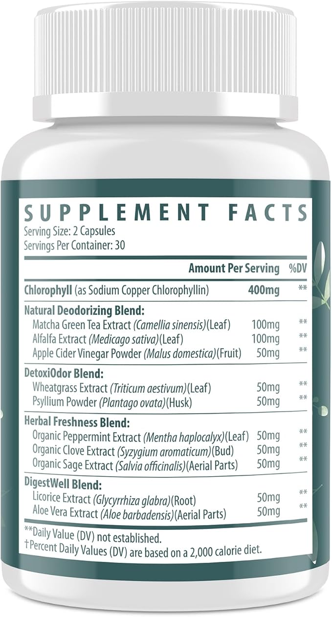 Women's Body Deodorizing Supplement – Chlorophyll Capsules for Body Odor, Fresh Breath & Gut Detox, for Social Confidence – Vegan with Matcha Green Tea, Apple Cider Vinegar