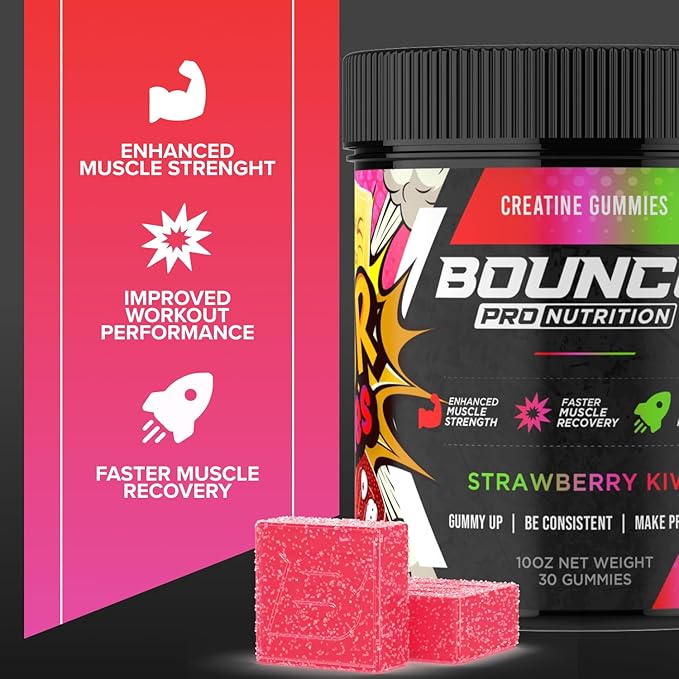 Bounce Pro Creatine Monohydrate Gummies for Men & Women, Low Calorie, 6G of Creatine per Serving, Vegan, Anti-Melting, Gluten-Free, Non-GMO (30 Count (Pack of 1), Strawberry Kiwi)
