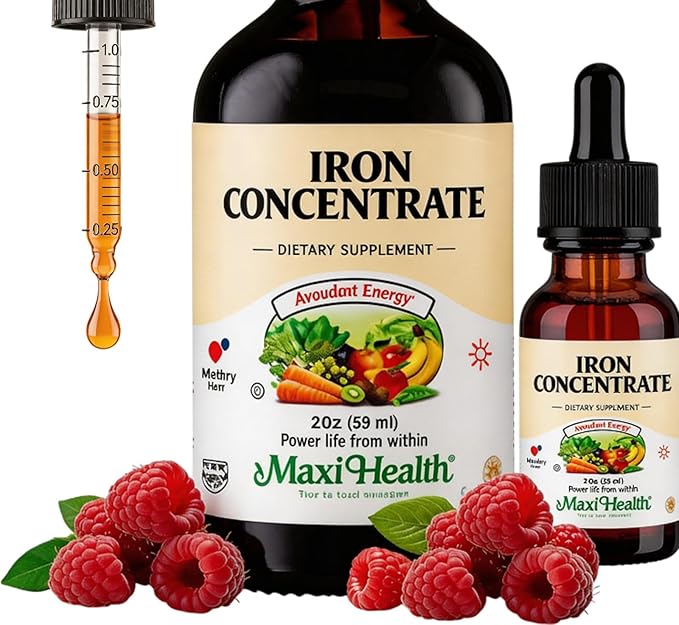 Maxi Health High Potency Liquid Iron Concentrate – Gentle Iron Supplement for Women Men & Children – Berry Flavored, Fast-Acting, Gentle on Stomach, No Constipation, Non-GMO, Kosher (2 fl oz)