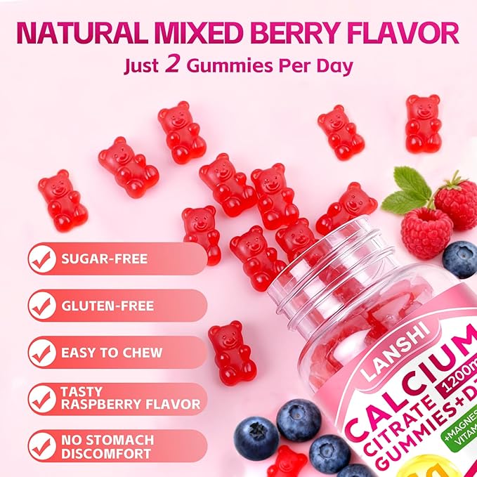 Calcium Citrate Gummies 1200mg with Vitamin D3 & K2 Supplements for Women & Men, High Absorption Calcium Gummies Plus Magnesium, Zinc for Strong Bones & Immune Support Mixed Berry Flavor, 2 Pack