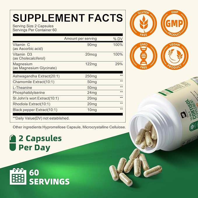 Cortisol Supplements for Women Men, 10-in-1 Cortisol Detox with Ashwagandha, Magnesium, L-Theanine, Balanced Cortisol Levels, Night & Calm Support, 120 Vegan Capsules