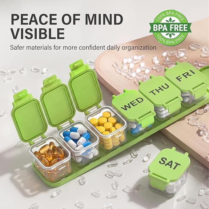 Extra Large Weekly Pill Organizer - Waterproof 7-Day Pill Box, Portable Vitamin & Supplement Case, Easy to Open Design, Ideal for Travel a nd Daily Medication Management (Green)