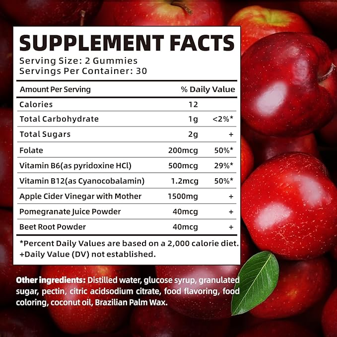 Keto ACV Gummies - Organic Apple Cider Vinegar Gummies Sugar Free,Contains Apple Cider Vinegar with Mother, Vitamin B12 & B6,Beetroot | Metabolism and Energy, Gluten-Free, Vegan-60 Count