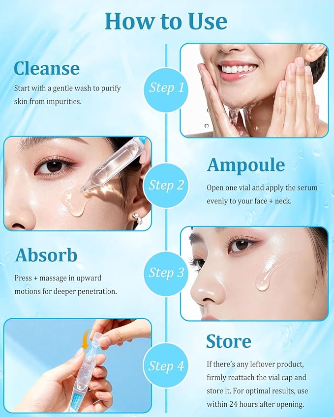 4% Hyaluronic Acid Serum for Face, 8D Hyaluronic Acid Ultra Hydrating Anti-Aging Serum with 20,000ppm Acetyl Hexapeptide-8, Korean Skincare Single-Use Ampoule for Dry & Sensitive Skin, 30pcs