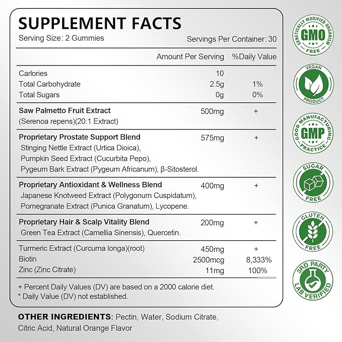 2 Pack Saw Palmetto for Men Gummies, Extra Strength DHT Blocker for Men, with Pumpkin Seed Oil & Biotin, Support Prostate, Urinary Health & Hair Growth, Hormone Balance, Sugar Free, Vegan, 120ct