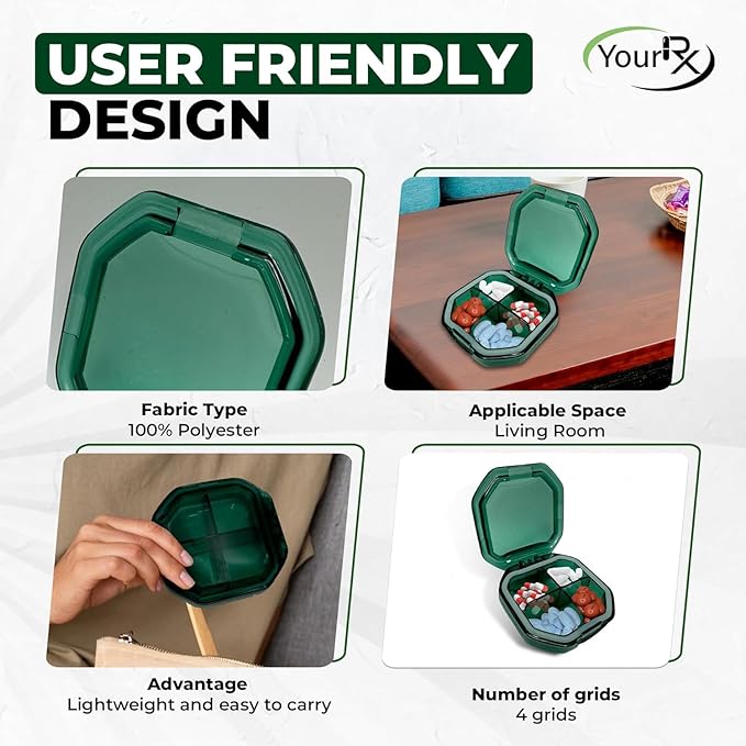 Travel Pill Organizer - Durable, Watertight Pill Case Travel Size with 4 Compartments - Compact Pill Travel Case for Vitamins, Supplements, Medicine - Travel Pill Container for Purse (Green)