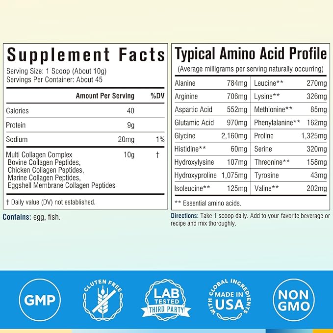 Terranics Multi Collagen Peptides Powder, Type I II III V X Hydrolyzed Collagen for Women+Men, Collagen Supplements, Fast Dissolve, Unflavored Colageno, No Sugar, Keto, 16oz