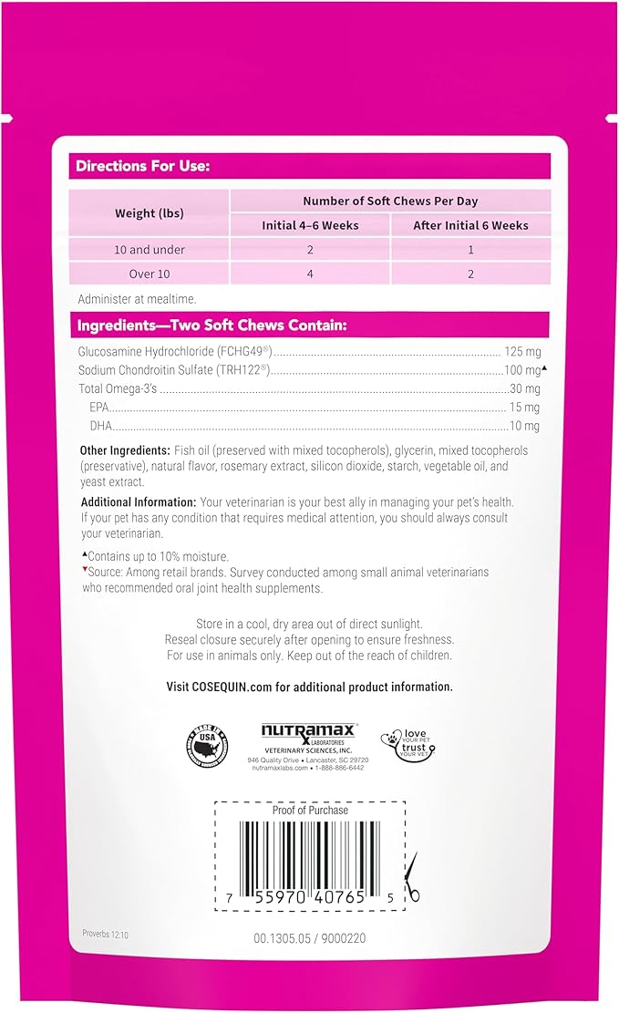 Nutramax Cosequin for Cats Joint Health Supplement, Contains Glucosamine for Cats, Plus Chondroitin_and Omega-3s, Supports Joint and Skin and Coat Health, Soft Chews, 60 Count (Pack of 2)