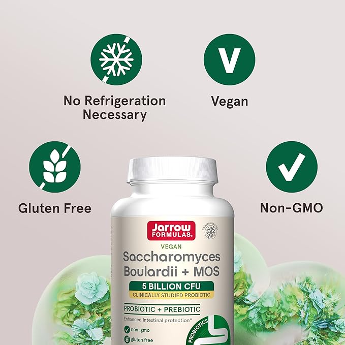Jarrow Formulas Saccharomyces Boulardii+MOS Probiotics for Digestive Health & Intestinal Tract Support-5 Billion CFU Per Serving-180 Delayed Release Caps - Probiotic+Prebiotic-180 Servings,(Pack of 2)