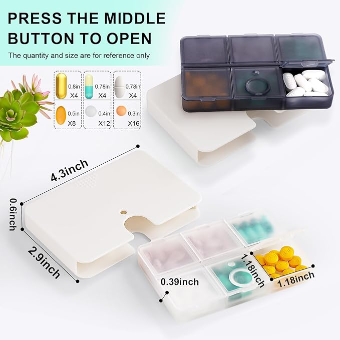 3 Mixed Colors Portable Pill Organizer, 6 Compartments Travel Pill Case for Purse or Pocket -Small Pill Box Dispenser Home Travel Supplement Semi Transparent (3 Mixed Colors)