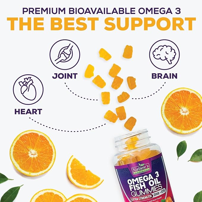 Omega 3 Fish Oil Gummies, Heart Healthy Omega 3 Gummy Supplement with High Absorption DHA & EPA, Extra Strength Joint & Brain Support, Delicious Orange Flavor Fish Oil Nature's Vitamin - 60 Gummies