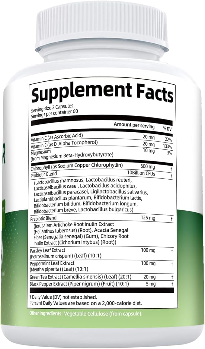 Chlorophyll Body Deodorizing Supplement 2 Pack, Chlorophyll Capsules with Parsley & Peppermint, Probiotic, Green Tea, Jerusalem Artichoke, Prebiotic, Supports Fresh Breath & Whole-Body Freshness