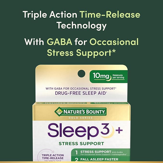 Nature's Bounty Sleep + Stress Support, Sleep3 Maximum Strength 100% Drug Free Sleep Aid, Dietary Supplement with Ashwagandha, Time Release Technology, 10mg, 28 Tri-Layered Tablets