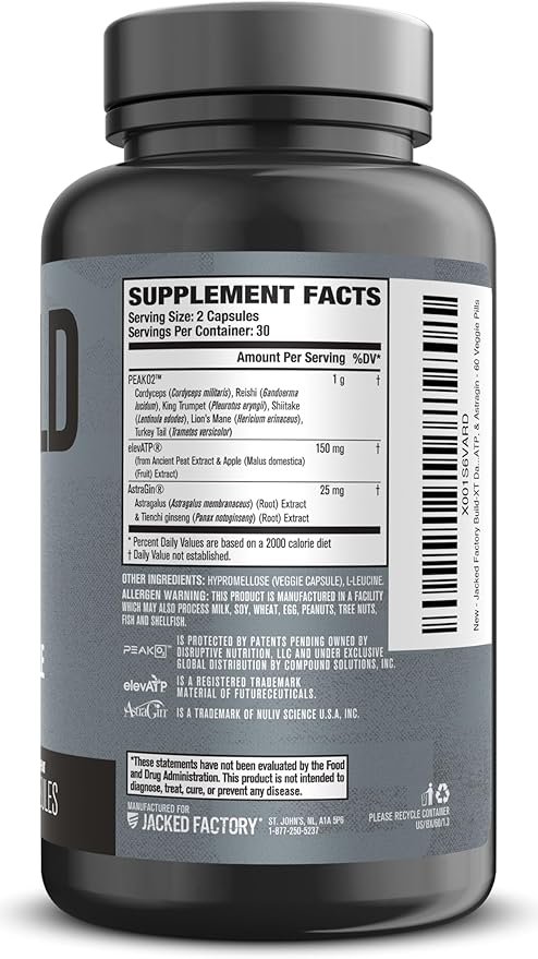 Jacked Factory Build-XT Daily Muscle Builder & Performance Enhancer - Muscle Building Supplement for Muscular Strength & Growth | Trademarked Ingredients Peak02, ElevATP, & Astragin - 60 Veggie Pills