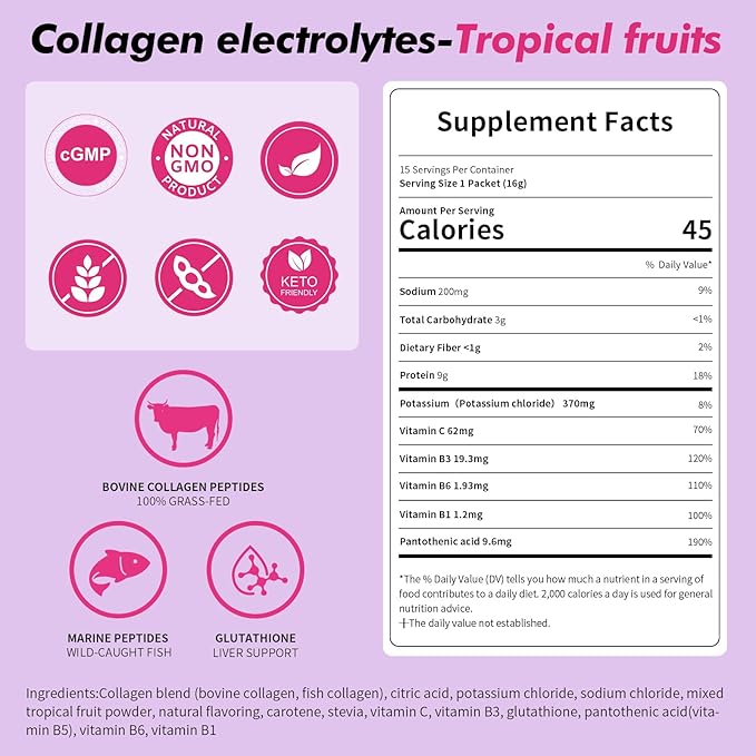 Electrolyte Collagen Powder Packets, 10g Collagen Protein Drink Mix for Hydration Recovery, Zero Sugar 2-in-1 Post Workout Rehydration, Joint Skin Muscle Support, 5 Vitamins, Tropical Fruit