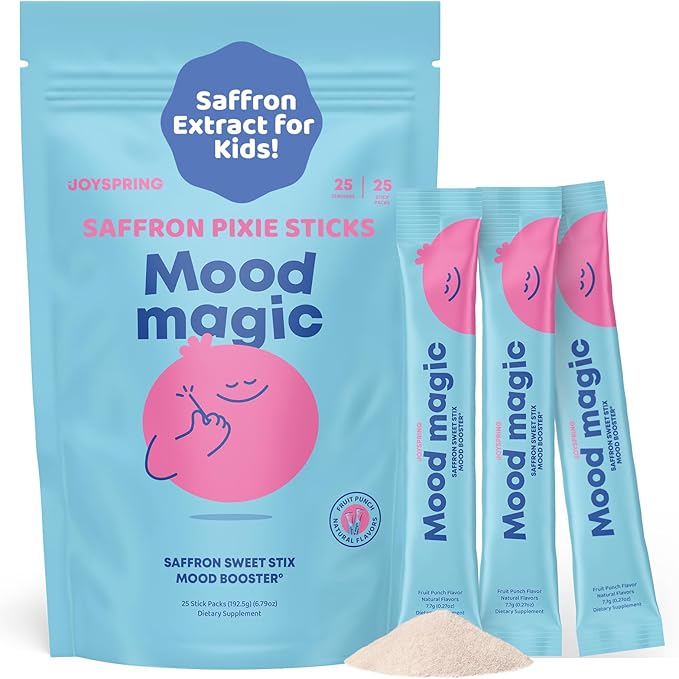 JoySpring Mood Magic for Kids – Natural Mood Support Pixie Sticks Candy with Saffron Extract, Magnesium Citrate & Vitamin D3 | Sugar-Free Powder Drink or Candy | 25 Servings | 4+ Years