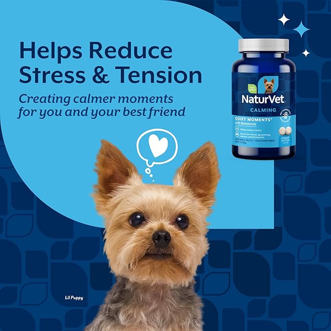 NaturVet Quiet Moments Calming Aid Melatonin Dog Supplement – Helps Reduce Stress in Dogs – for Pet Storm Anxiety, Motion Sickness, Grooming, Separation, Travel – 30 Ct. Tablets