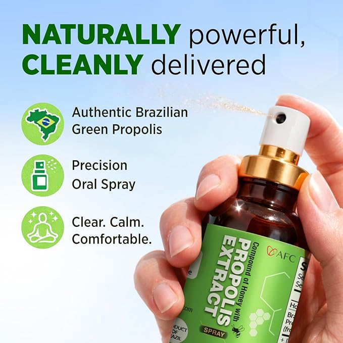 AFC Japan Brazilian Green Propolis Extract with Honey Throat Spray | Natural Throat Relief, Immune Support & Freshen Breath | High Artepilin C & Flavonoids from Propolis Extract | (1.0 oz) (Pack of 1)