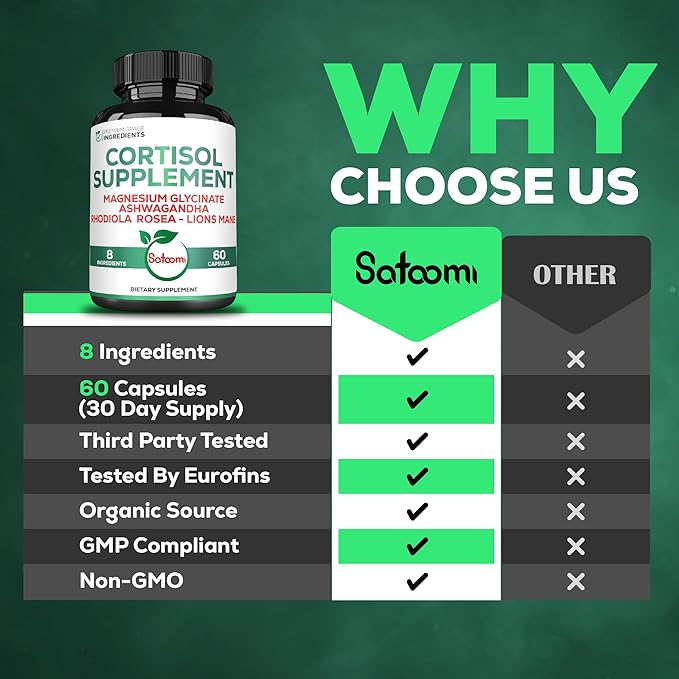 Satoomi 8in1 Cortisol Manager with Magnesium Glycinate, Ashwagandha, Rhodiola Rosea, Lions Mane & More - Cortisol Reducer Supplement Men & Women - 60 Capsules