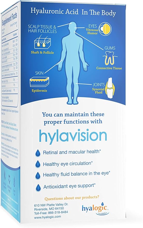 Hyalogic HylaVision Eye Health Supplement - Hyaluronic Acid, Lutein and Zeaxanthin Supplements – Contains Eye Vitamins A, C, E, and Zinc – Soothe Tired Eyes (120 Capsules)