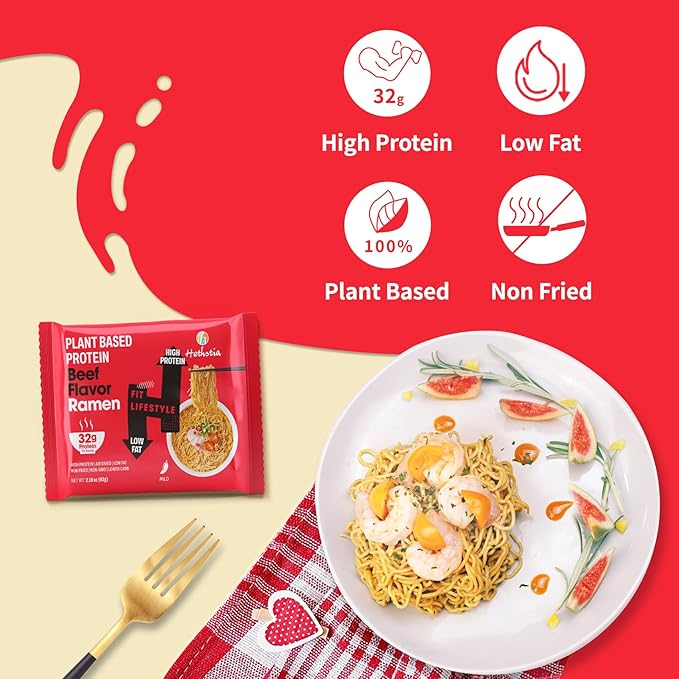 Hethstia Protein Ramen Spicy Beef Flavor, 6-Pack Instant Noodle Soup, 32g Plant-Based Protein, Vegan, Non-GMO, Low Fat, Healthy High Protein Ramen Meal