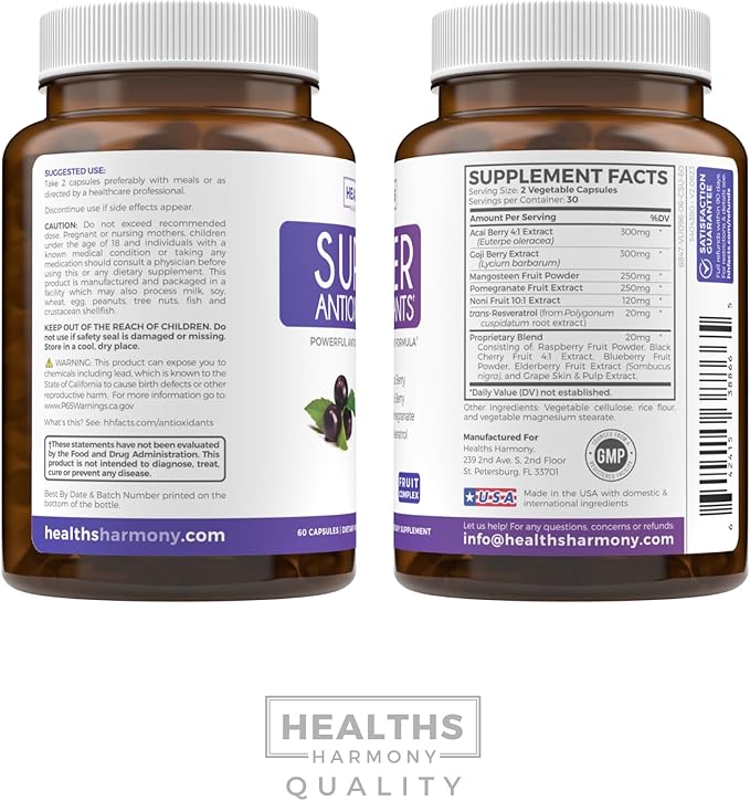 Super Antioxidants Supplement for Women & Men - High Potency Herbal & Fruit Blend with Acai, Goji, Pomegranate, Elderberry & Resveratrol for Skin Care & Immune Support - Vegan & Non-GMO - 60 Capsules