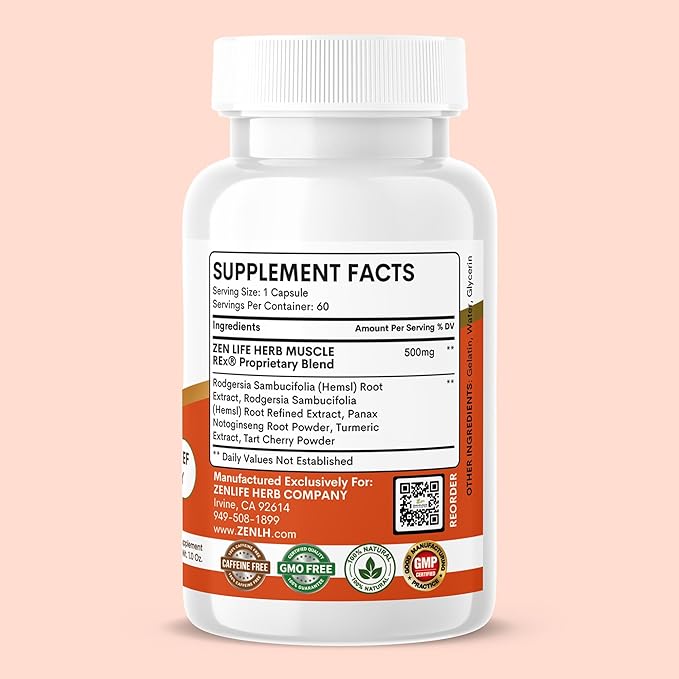 ZEN LIFE HERB Muscle REx - Joint, Muscle & Nerve Support - Relax Aches & Chronic Discomfort Plant-Based Supplement (60 Capsules)