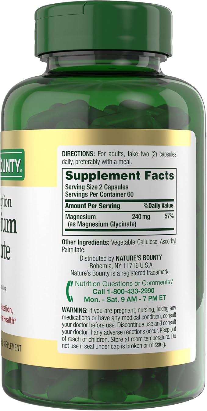 Nature’s Bounty High Absorption Magnesium Glycinate 240 mg for Supporting Muscle Relaxation and Bone, Heart & Nerve Health – Non-GMO, Gluten-Free, Vegetarian, 120 Count/60 Servings