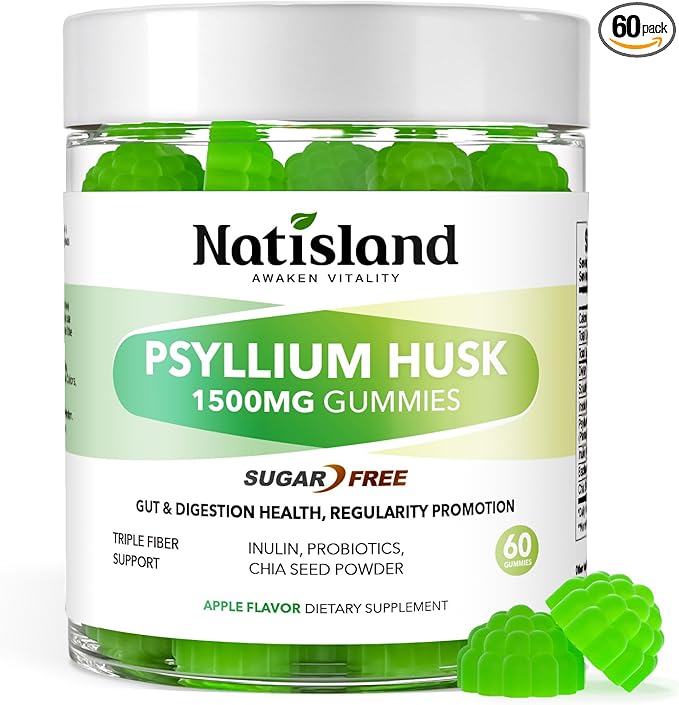Psyllium Husk Gummies, 1500mg Psyllium Husk Fiber Supplement with Probiotics, Inulin, Chia Seed Powder for Gut & Digestive Health, Regularity, Vegan, Sugar Free, 60 Chewable