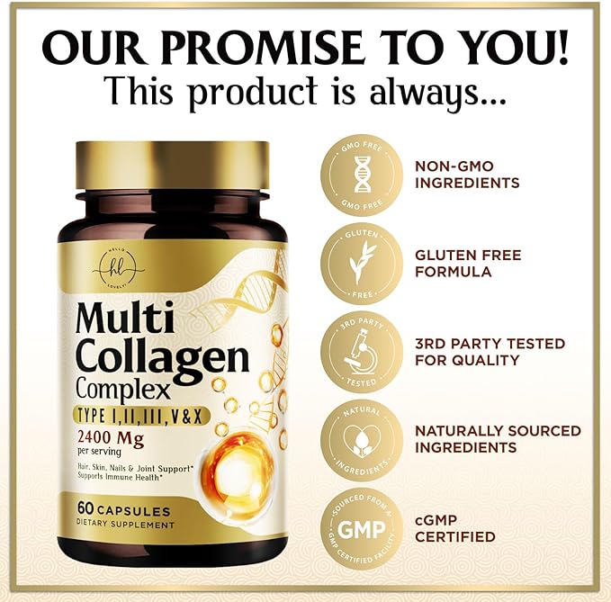 Multi Collagen Peptides for Women & Men - 2400mg per Serving - Best Hydrolyzed Collagen Complex with Type I, II, III, V, X - Hair, Skin, Nails & Joint Support Supplement - Bottled USA - 60 Capsules
