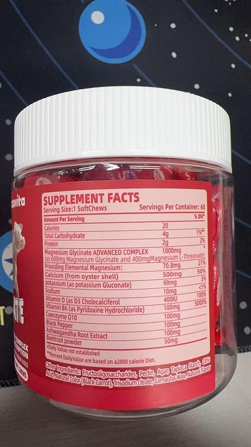 Magnesium Glycinate Soft Chews, Strawberry Flavor.Chewable Sugar Free Potassium Magnesium Chews with Magnesium Glycinate, Vitamin D, B6, and CoQ10 for Calm Support & Sleep for Adults, 60 Days Supply