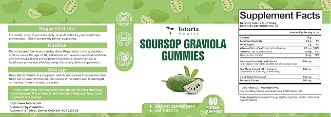 Totaria Sugar Free Soursop Oil Graviola Sea Moss Gummies - Support Digestive Sleep Skin Health, Immunity & Antioxidant - Guanabana Fruit with Sea Moss, 150mg Black Seed Oil Organic Non-GMO Vegan