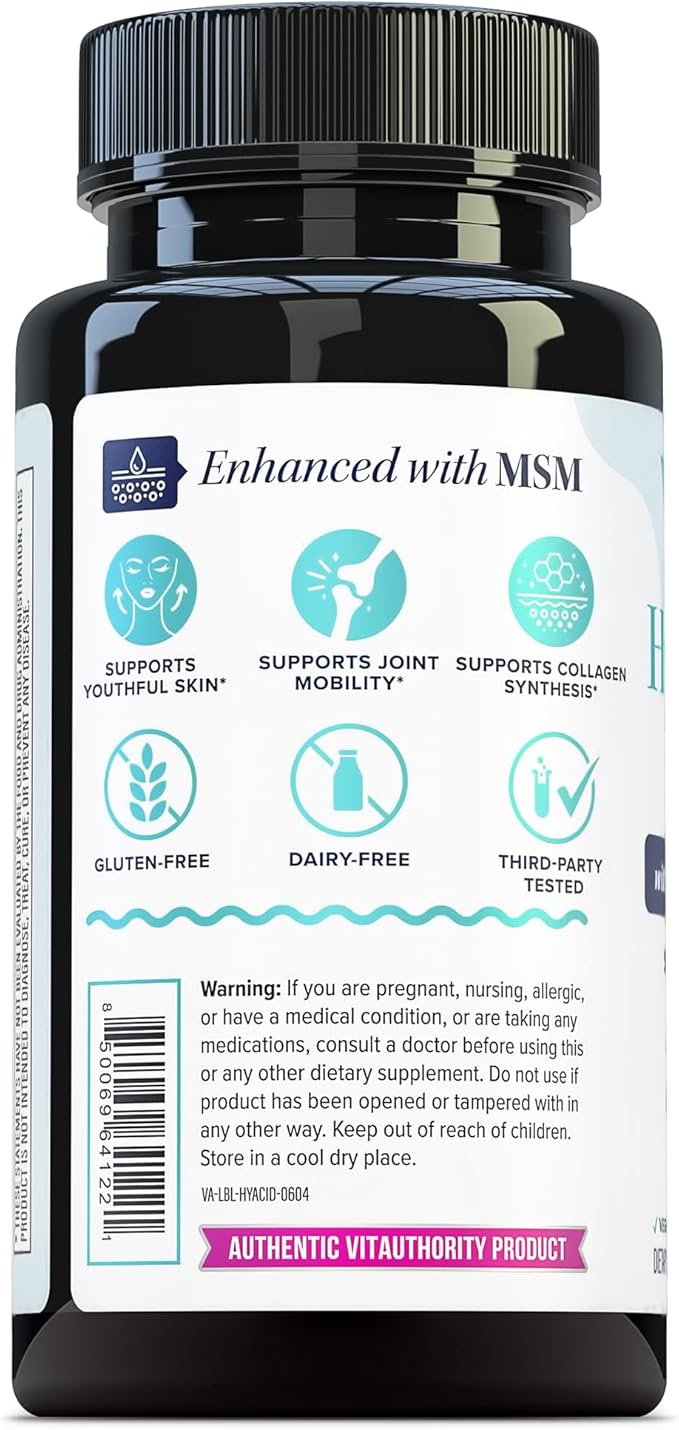 Hyaluronic Acid Capsules with MSM & Vitamin C | 120mg Sodium Hyaluronate | Skin Hydration, Elasticity & Collagen Support | Vegan, Non-GMO, Antioxidant Beauty Supplement 30 Servings