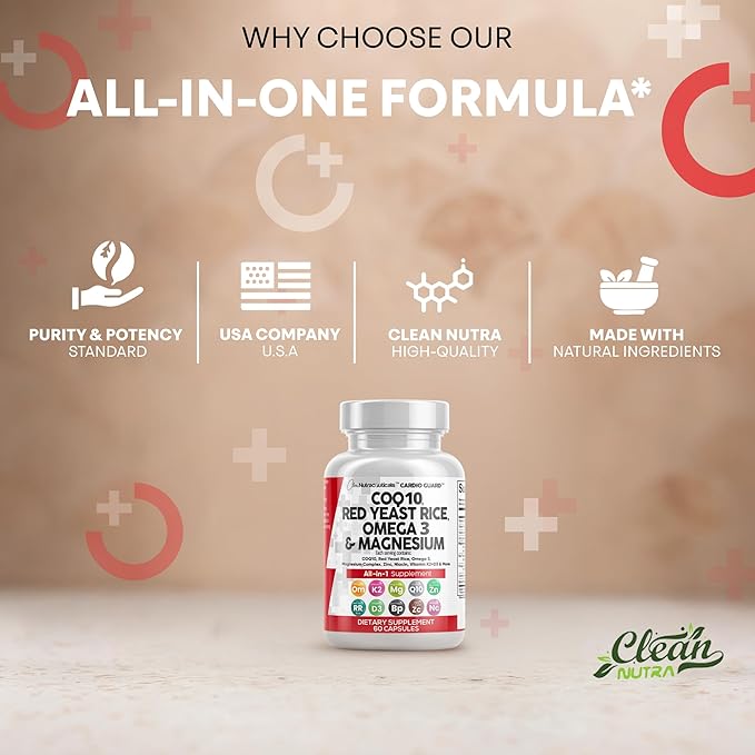 Clean Nutraceuticals COQ10 200mg Red Yeast Rice Omega 3 Magnesium Complex 500mg Niacin Zinc Vitamin K2 D3 - Heart Support Vitamins for Women & Men w/Vitamin B3, Coenzyme Q10-60 Ct (Pack of 2)