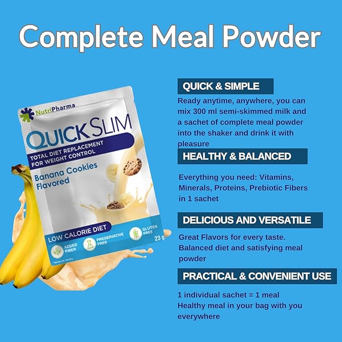 Quick Slim High Protein Shakes for Weight Loss, 30 Servings, Complete Meal Replacement Powder, Diet Shakes for Women & Men, 20g Protein, 27 Vit & Min, Keto, Gluten Free (Banana Cookies, 30 Sachets)