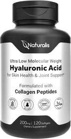 Naturalis Hyaluronic Acid 200mg, 10x Better Absorption Ultra Low Molecular Weight with Collagen, Biotin, Selenium & Vitamin E | Hair, Skin, Nails & Joint Supplements | 120 Softgels