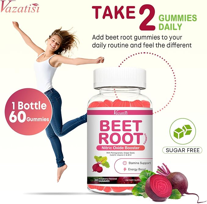 Beet Root Gummies – Nitric Oxide Beetroot Gummies with Coq 10, Grape Seed, Pomegranate for Circulation & Energy Support – Vegan, Non-GMO, 60 Beet Chews