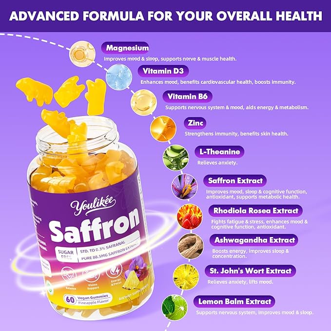 2 Pack Saffron Gummies 88.5mg - Saffron Supplements with Magnesium, Rhodiola Rosea, Ashwagandha, L-Theanine, Vitamins D3 & B6, Zinc - Supports Antioxidant Function, Pineapple Flavor, 120 Count
