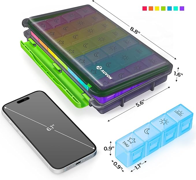 AUVON iMedassist Moisture-Proof Weekly Pill Organizer 4 Times a Day, Large 7 Day Pill Box Case with Portable Design for Travel, Removable Individual Containers Hold Vitamins, Supplements, Medications