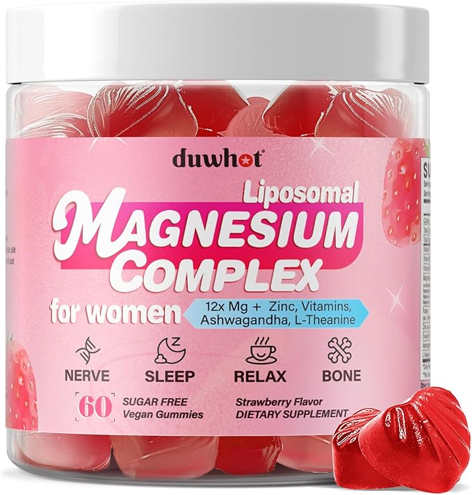 12-in-1 Magnesium Complex Gummies for Women, 1000mg Liposomal Magnesium Glycinate Citrate Malate Oxide Supplement with D3, Methylated B6&12, Zinc for Relax, Sleep, Bone, Muscle Health, Vegan, 60 Chews