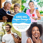 Vegan Omega 3 Gummies + Phospholipids, Astaxanthin, Vitamin D3, DHA 560mg & EPA 280mg, Fish-Free Algae Omega 3 Supplement for Adults & Kids for Brain, Eye, Skin and Overall Health, Sugar Free, 60 Cts