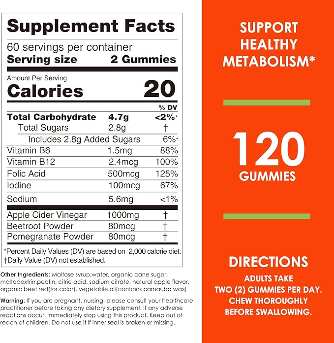 Nature's Key Apple Cider Vinegar Gummies 120 Count ACV Gummy with Folic Vitamin B6 B12 Beetroot & Pomegranate - Vegan, Non-GMO & Gluten-Free