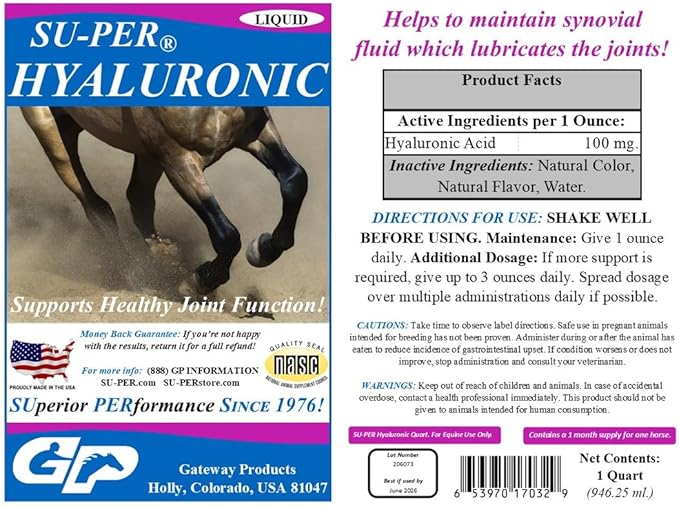 SU-PER Hyaluronic Joint Supplement for Horses - Supports Joints Health & Lubrication - Horse Hyaluronic Acid Liquid - 1 Quart