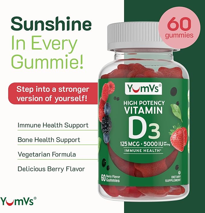 YUM-V'S Vitamin D3 Gummies 5000 IU 125mcg D3 Gummies - Support Immune Support, Strong Bone Health - Non-GMO, Gluten-Free, Dairy-Free, Vitamin D Gummy (60 Count)