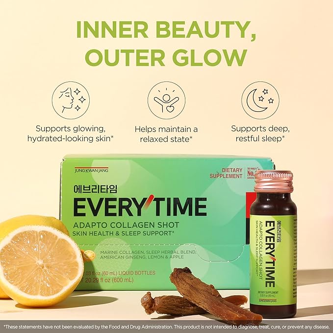 JUNG KWAN JANG Everytime Adapto Collagen Shot - Skin and Immune Support - Liquid Adaptogen Drink with Marine Collagen, Korean Red Ginseng & Vitamin C - No Gluten, No Caffeine (10 Bottles, 2.03 fl oz)