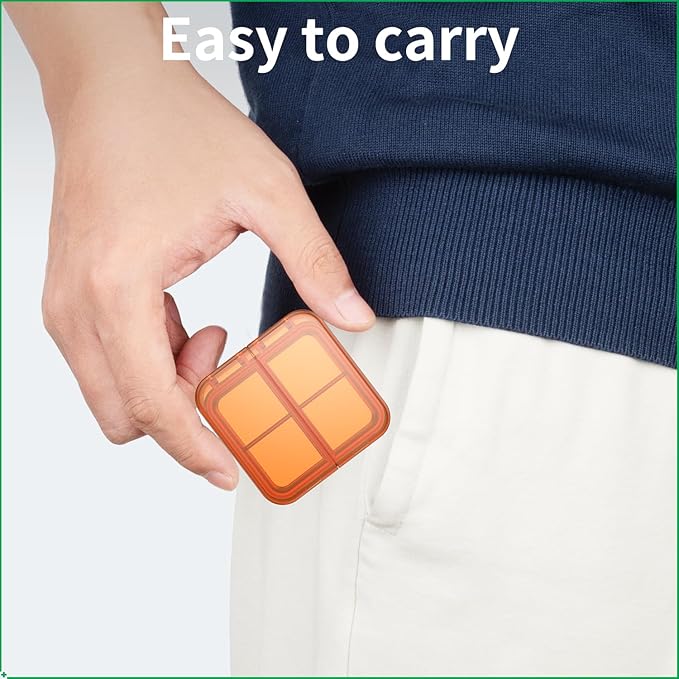 Small Pill Box,4 Compartments Travel Pill Case, Portable Pill Organizer,Mini Pill Container for Pocket,Daily Compact Travel Medicine Holder for Vitamins Fish Oil and Supplement Storage(Orange+Yellow)