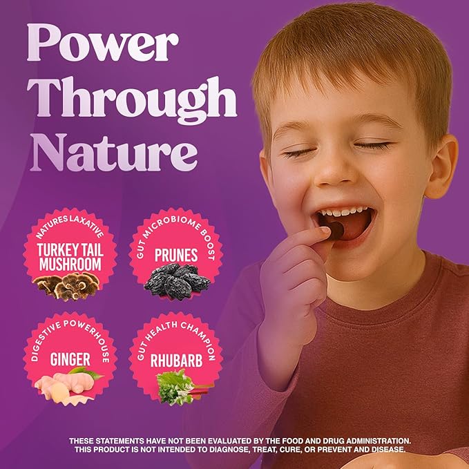 Fungiments Super Prune Kids - Great for Constipation Relief - Mushroom Supplement - Turkey Tail Mushrooms, Fiber, Rhubarb, Prunes, Ginger, Chamomile (30 Mushroom Gummies)